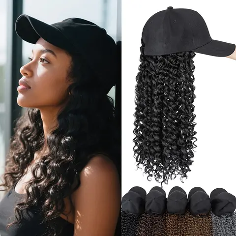 20inch Black Baseball Cap With Hair Extension Long Kinky Curly Hair Wigs Adjustable Synthetic Hat Wig For Women