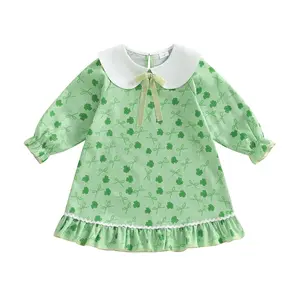 Toddler Little Girl Irish Dress Clover Bow Long Sleeve Doll Collar Ruffled Dresses Casual Spring Clothes