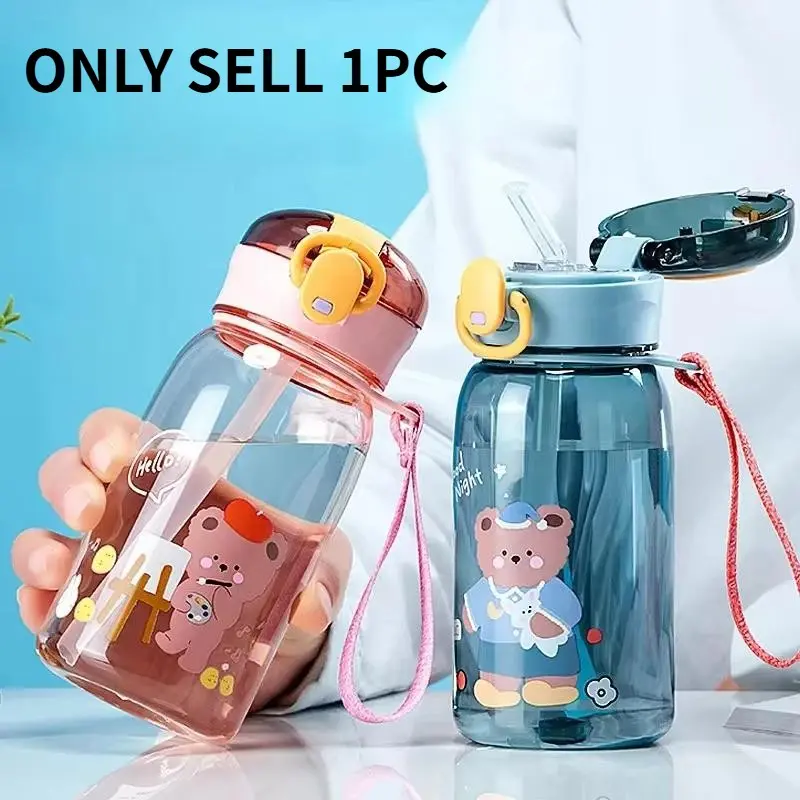 Cartoon Teddy Bear Kids Plastic Cup, Portable School Outdoor Use, with Strap, One-Click Open Lid, BPA-Free Straws for All Seasons, Leakproof Water Bottle, Drinkware, Reusable