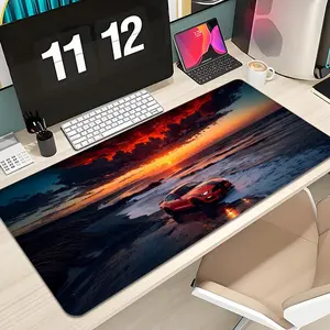 Red sports car coastal beach burning clouds Mouse Pad Design XXL 1000×500mm 900×400mm Large Gaming Mouse Pad, Non Slip Mousepad - Extended, Thick, Non-Slip Rubber Base Desk Mat with Precision Stitched Edges - Washable Large Desk Pad