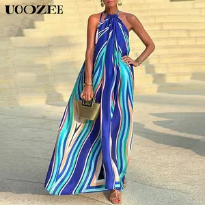UOOZEE Boho Style Womenswear Casual Loose Sleeveless Colorful Striped Halter-Neck Maxi Dresses Summer Blue Casual Piece