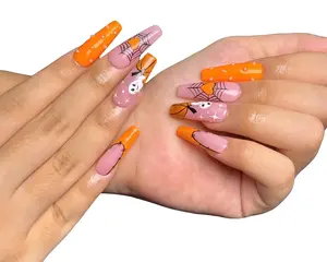 Halloween Press On Nails Orange Pink Spider Web Ghost Pumpkin Nail Art Glossy Retro Vibes Y2K Era Easy Application Customizable Options