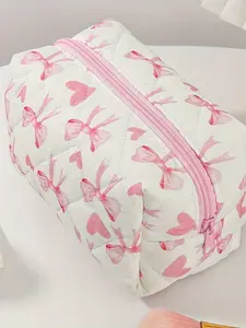 Bow Heart Pattern Embroidered Women's Makeup Bag, Octagonal Travel Cosmetic Storage Pouch, Large Capacity for Home, Travel, Daily Use