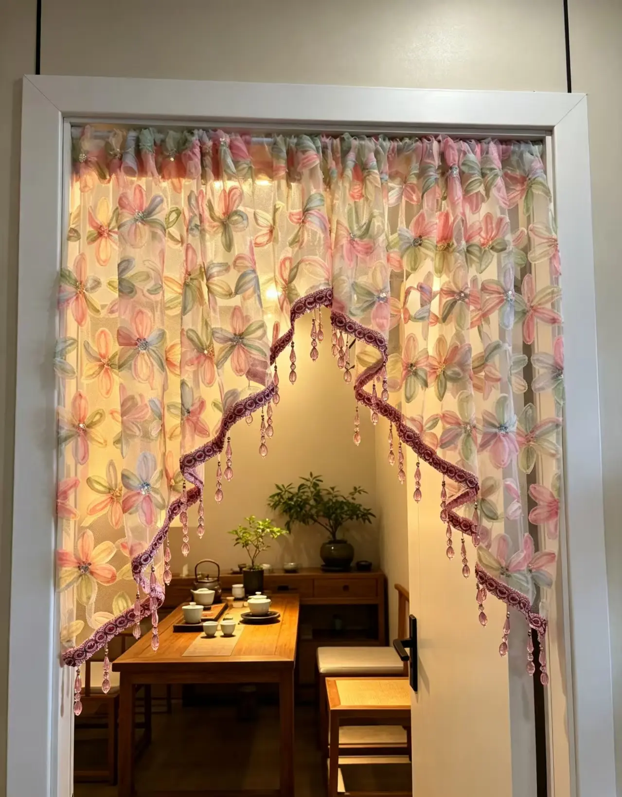 Vintage Romantic Floral Short Beaded Door Curtains - Fairy-Style Home Decor, Room Decor Ideas - Ideal for Wedding, Festive Party Supplies, Home Decor Ideas
