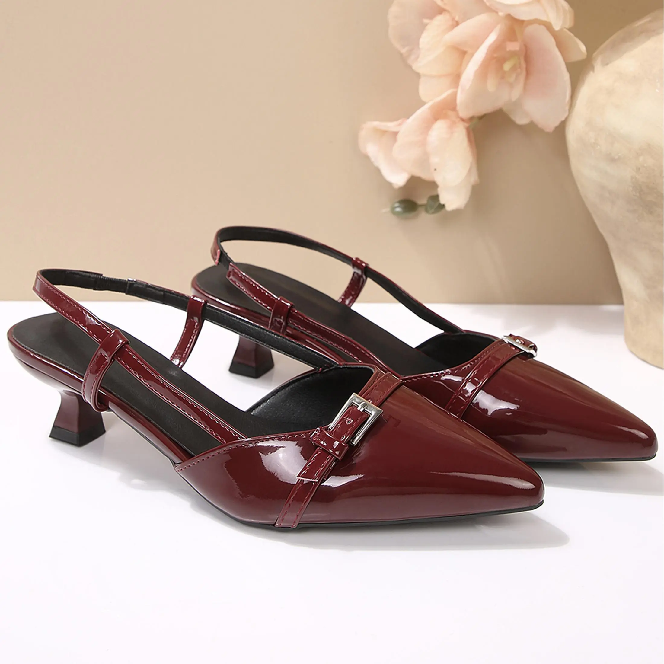 Heeled Slingback Kitten Heels for Women Closed Pointed Toe Pumps with Buckles for Bussiness Dress Party
