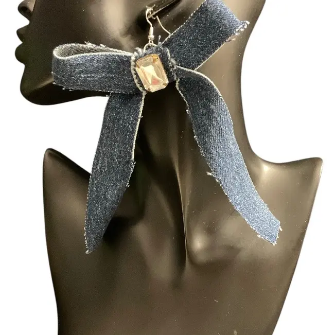 Big Bow Embellished Denim Earrings