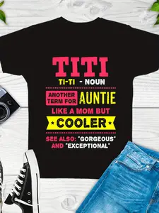 Women'S Funny Auntie Titi Definition Graphic T-Shirt - Cool & Awesome Sassy Aunt Gift, Casual Round Neck Short Sleeve Top with & Pink Lettering, Birthday Party Outfit for Aunts, Comfortable Casual Attire, Family Apparel, Trendy Design