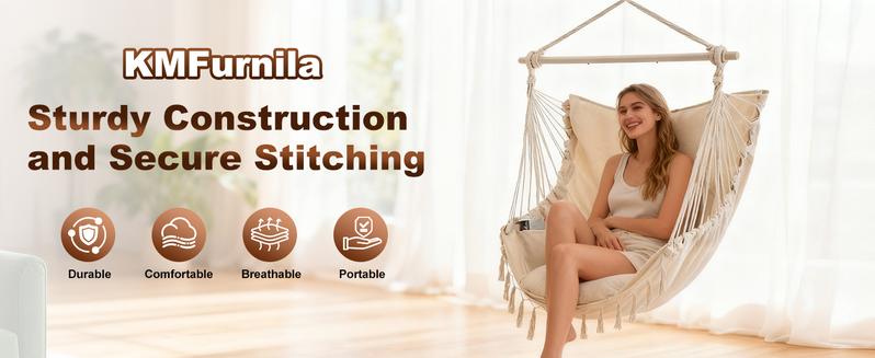 Single Hammock Chair with 2 Cushions, 330 LB Capacity & Fringe Cotton Rope Design，Foldable Indoor Outdoor