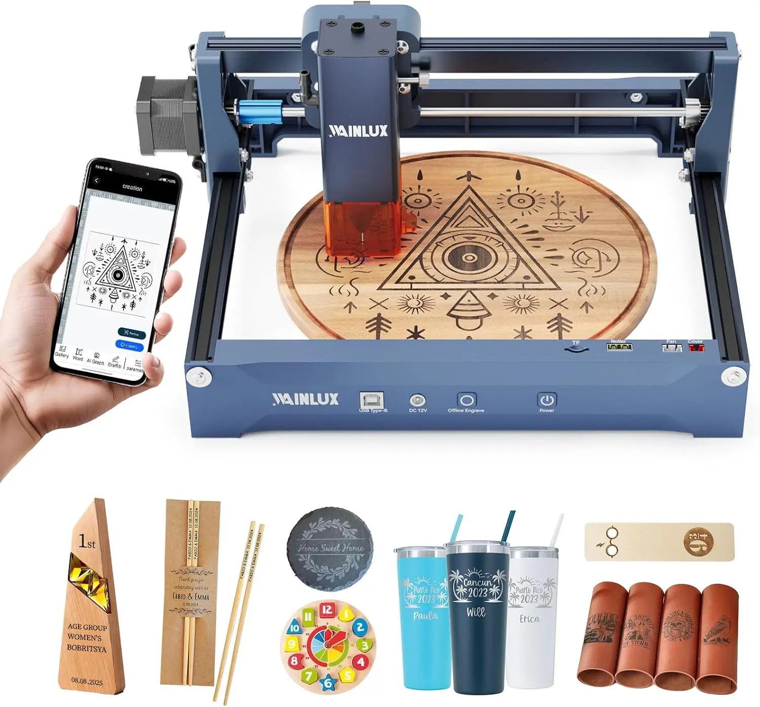 WAINLUX X2 Laser Engraver 5W Edition, Engraving Machine with Large Working Area 7.87″ × 5.9″ for DIY Project Custom Gift Festive Decor Maker Small Business Easy to Use Quick Setup SummerVibes
