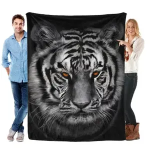 「Black & White Tiger Face Throw Blanket - Majestic Big Cat Print, Soft Flannel, Bold Wildlife Decor, Cozy Statement Piece for Animal Lovers」