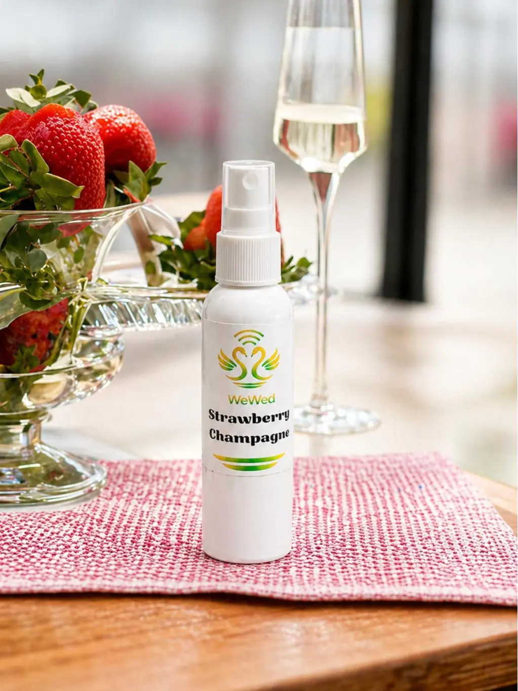 WeWed Strawberry Champagne Room Spray - Sweet Fruity Scent with Sparkling Finish for Luxurious Atmosphere - Handcrafted in Small Batches - Reusable Bottle