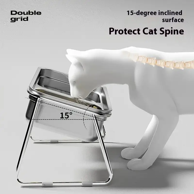 A Stainless Steel Elevated Double Feeding Bowl Designed for Small to Medium-sized Cats, Featuring Two Bowls with a 15 Tilt for Cervical Spine Comfort. It Meets Dual Needs for Food and Water, with a Detachable Design for Easy Cleaning. The Non-slip Base