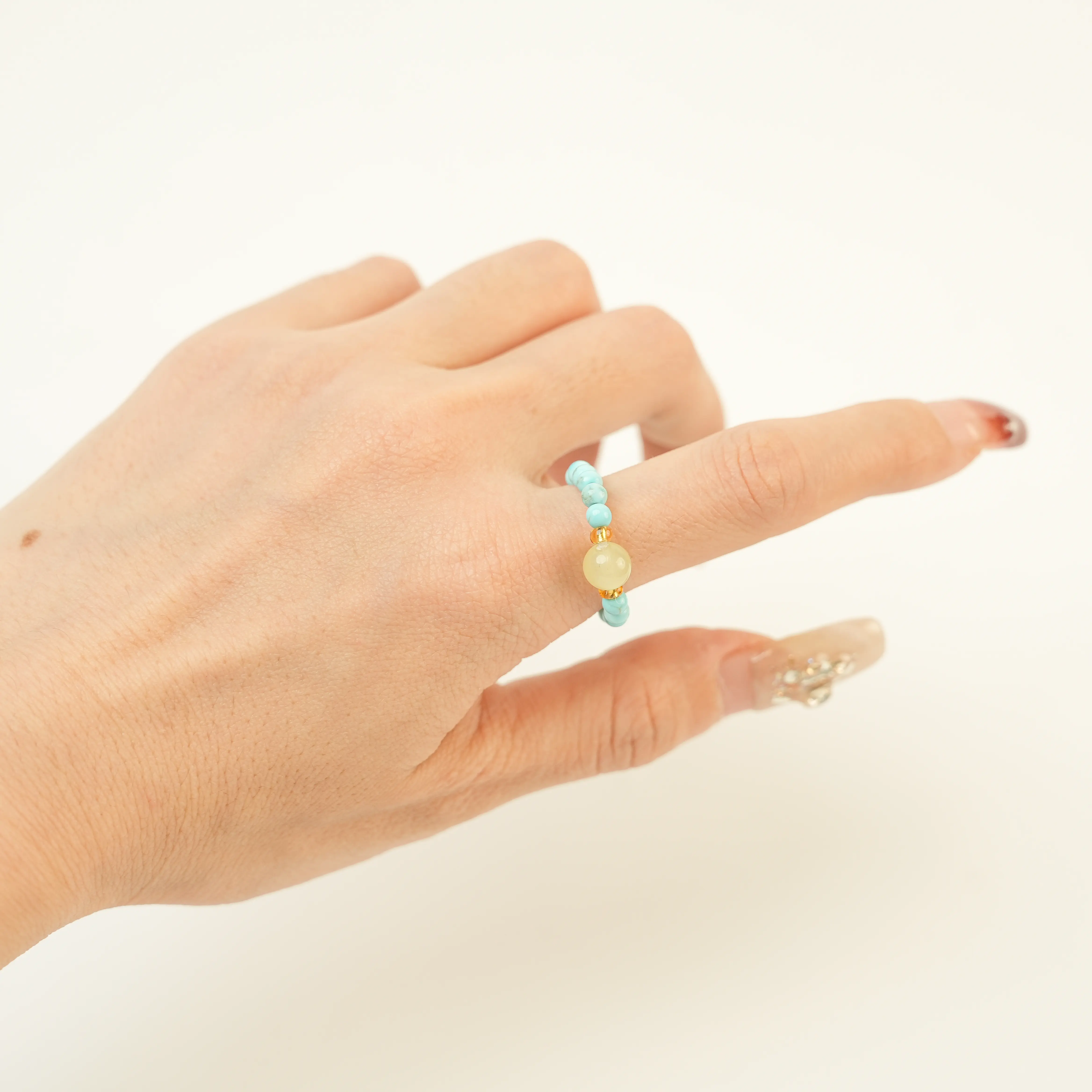 LUMAWU 3mm Turquoise & Citrine Unisex Simple Costume Gemstone Ring - Natural Fashion Accessory for Daily Wear, Complements Any Outfit with Fresh Calm Vibe