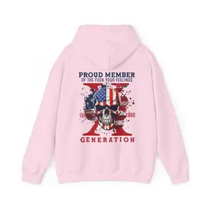 GenX Hoodie, Proud Member Fck Your Feelings Generation Sweatshirt, Gen-X Shirt, Trendy Front & Back Graphic, X-Generation Men's Casual Wear, Autumn Fit, Adjustable Drawstring, Kangaroo Pocket