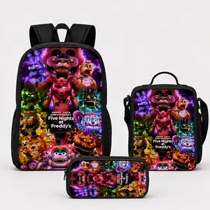 Horror Five Nights At Game Freddy'S Backpack Set 3Pcs Polyester School Bag Lunch Bag Pencil Case Back To School Gift For Boys Girls Kids Teens