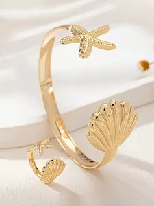 Open Sea Shell Ring & Bracelet Set, Starfish Design, Perfect for Beach Vacations, Ideal Gift for Women, Fashionable Summer Accessory