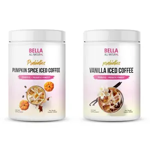 Bella All Natural Probiotics Pumpkin Spice Iced Coffee Prebiotics Powder and Bella All Natural Probiotics Vanilla Iced Coffee