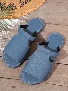 Solid Color Denim Slide Slippers Women's Casual Flat Sandals for Spring and Summer