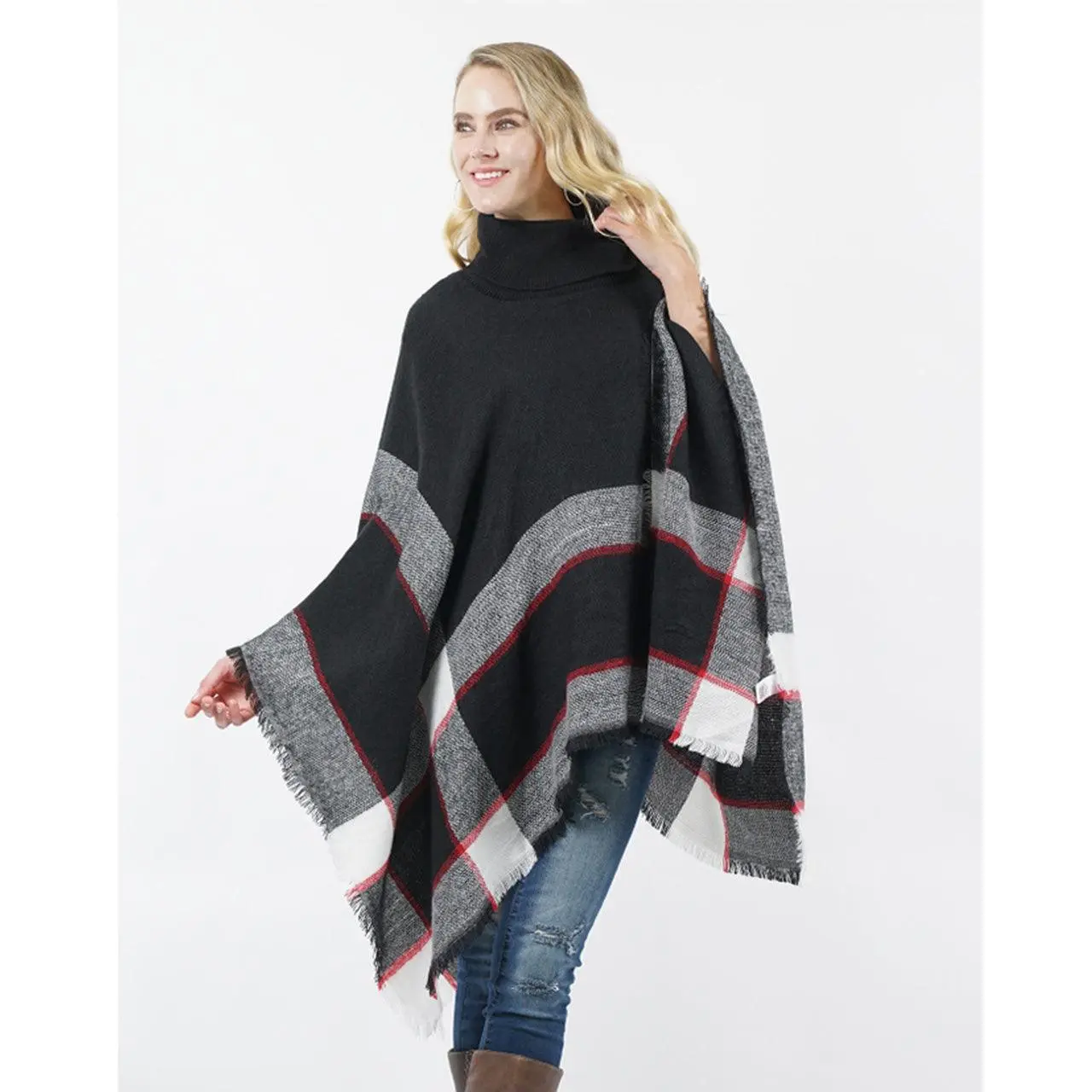 Turtle Neck Poncho - Black Plaid - One Size