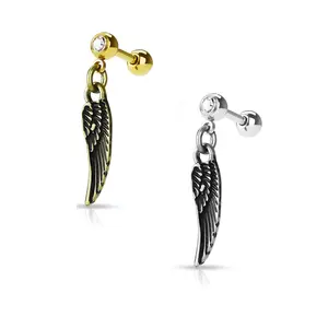 Angel Wing Dangling 16ga Cartilage Barbell with CZ Gem