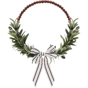 Wood Bead Olive Leaves Wreaths - 13 Inch Artificial Greenery Leaf Wreaths Farmhouse Rustic Boho Wall for All for Natural Home Indoor Bedroom Decoration