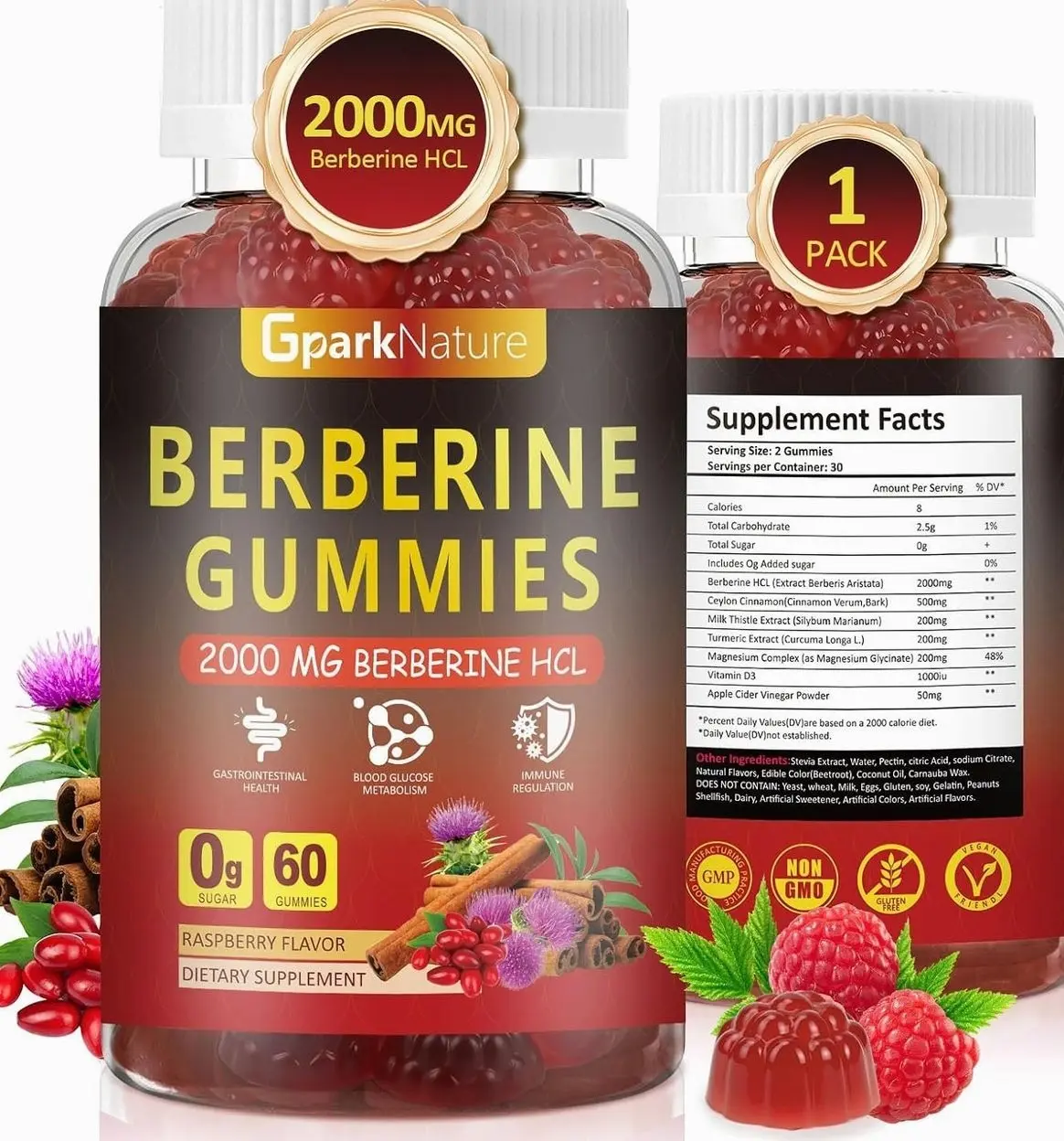Berberine Gummies 2000 mg, Berberine Supplement with Ceylon Cinnamon, Turmeric, Milk Thistle, Magnesium, Chromium for Immune Support, Sugar Free, Vegan, Raspberry Flavor, 60 Count-1 Pack