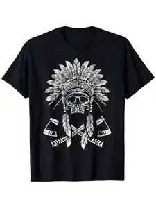 vintage indian native american skull with tomahawk axe T-Shirt 100% Cotton Round Neck T-shirt Halloween Thanksgiving Christmas Gift for Men Women Family Friends, Valentines Day Gifts for Boyfriend Girlfriend, S-XXXL
