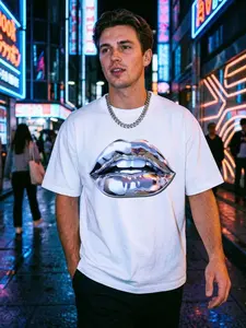 Men's & Women's 3D Metallic Lip T-Shirt, White Chrome Lips Graphic, Oversized Fit, Easy To Pair With Jeans & Cargo Pants, Perfect For Edgy Street Style，Statement Lip Graphic Tee 💄 White Chrome Lips | Oversized Fit | Casual Street Outfit