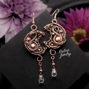 Intricate Copper Wire Wrapped Crescent Moon with Quarts Drops XL Dangle Earrings by Resilient Jewelry