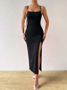 Women's dresses, summer black halter Sleeveless Spaghetti strap sexy slim-fit dresses, sexy hollow-out slit party women's dresses, Bodycon Cocktail Dress, suitable for daily wear and outings