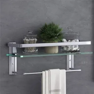 Glass Shelf with Towel Bar 15.7in Silver Bathroom Shelf Wall Mount Rustproof Bathroom Wall Organizer 1 Tier (Silver)