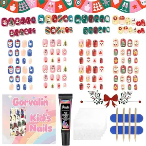 Gorvalin Kids' Full-Cover ABS Plastic Christmas Press-On Fake Nails Kit - 8 Packs (192pcs), 10ml Builder Glue & Adhesive Tabs Included, Natural Drying Reusable Set for Ages 7-12, Nails for 9-10 Kids