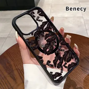 Magnetic Case for iPhone 17 Pro Max 16 Plus 15 14 13 12 11 Air E Black Kiss Bows Pattern Acrylic Back TPU Edges Shockproof Ultra Thin Mobile Phone Cover Gift for Girl