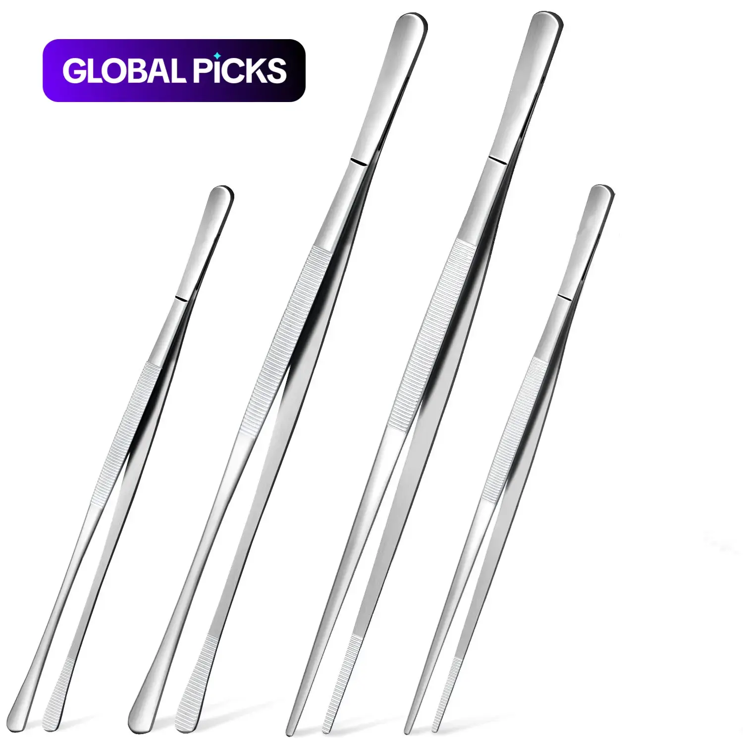 4-Pack Mixed Size Long Handle Stainless Steel Kitchen Tongs, Multi-Functional Barbecue Utensils BBQ Tools Tweezers Accessories for Cooking, Grilling, Baking #GLOBAL PICKS