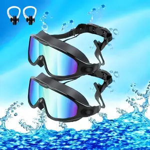 Swimming Goggles, 2 Pairs Anti-fog & UV Protection Diving Googles with Earplugs, Wide Field Of View Clear Vision Swimming Goggles