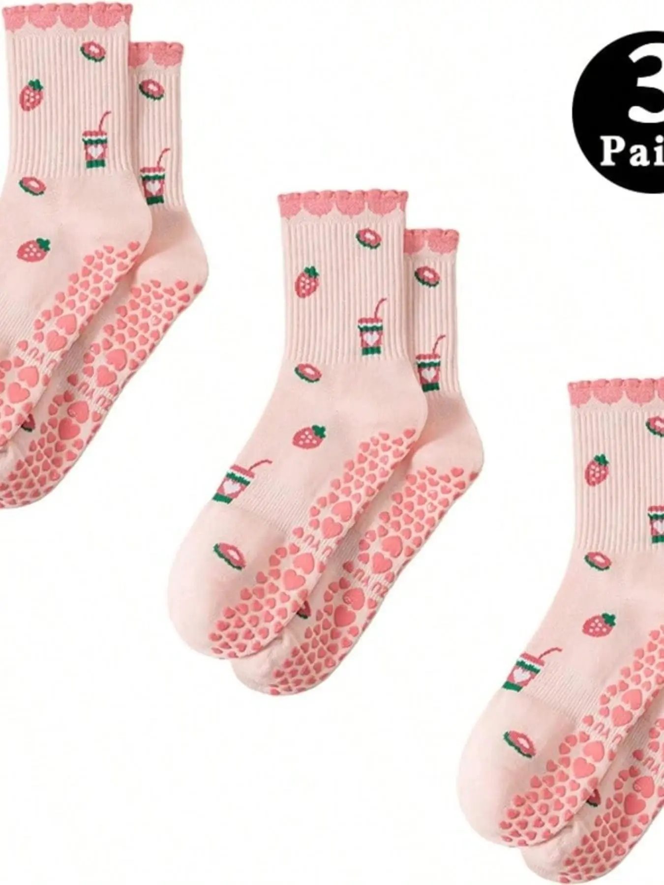 Women's Professional Yoga Socks, Anti-Slip Grip, Grippy Socks, Soft Breathable Mid-Calf Sports Socks, Cute Pilates Socks, Cute Strawberry Cake Pattern Lace Edge, All Seasons
