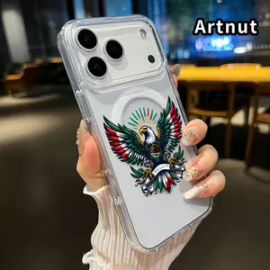 Transparent Phone Case for iPhone 17 Pro Max 16 Plus 15 14 13 12 11 Air E Mexican Eagle Emblem Pattern Acrylic Back Silicone Edges Anti-Scratch Support Wireless Charging Back Cover for boy girl