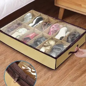 Retro Cloth Shoes Storage Box, Waterproof Dustproof Moisture-Proof, Multi-Purpose Shoe Rack with Transparent Window, Under-Bed Organizer
