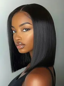Short Straight Bob 5x5 Lace Front Wig Human Hair Black Bob Wig Pre Plucked With Baby Hair Glossy Black 10-16 inch Double Drawn Bob Wig for Women Party、Daily Wear Lace Closure Wig