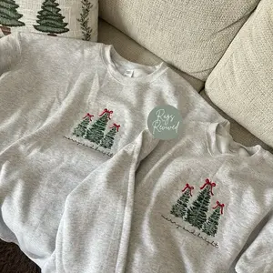 Merry & Bright Christmas Tree Embroidered Sweatshirt Festive Embroidery Pullover Crewneck