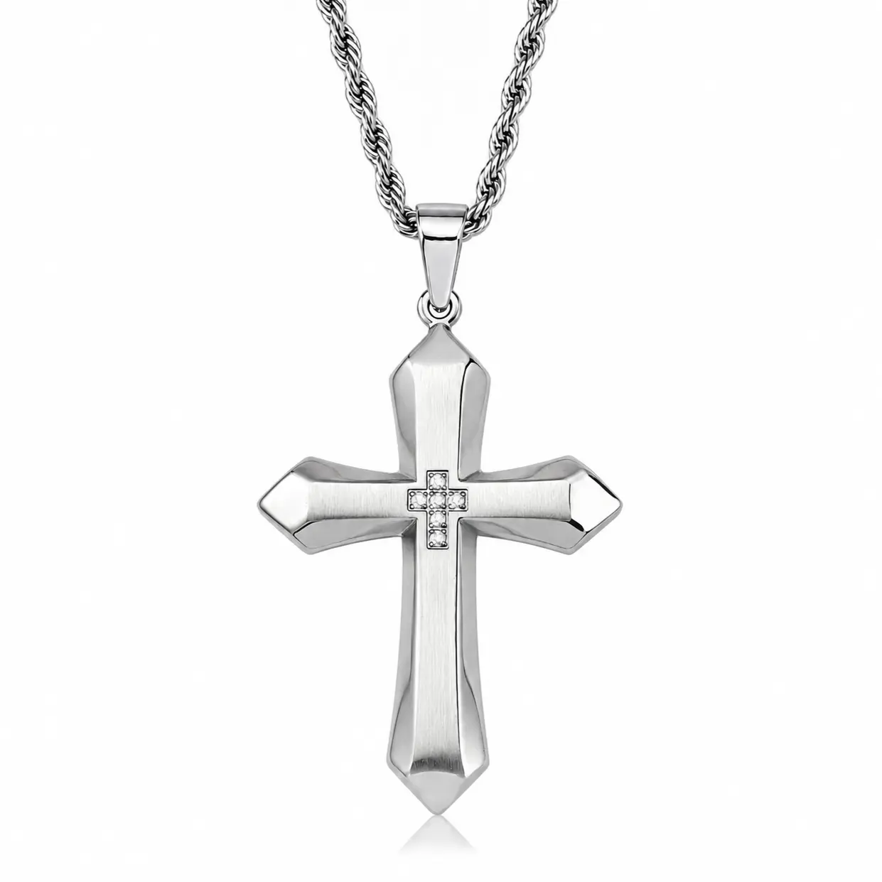 ICYYY 316L Cross Necklace with CZ Stone for Men and Women, 316L Stainless Steel, Rope Chain, Stylish Faith Accessory, Christmas Gift