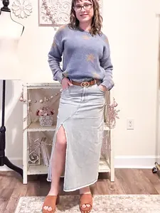 Midi Denim Front Slit Skirt