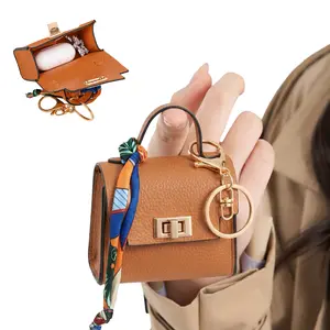 Mini Square Bag Pendant Keychain - High Quality Leather Coin Purse & Earbud Case with Colorful Strap, Casual Style Small Storage Bag, Cute Car Keychain & Bag Charm Accessory