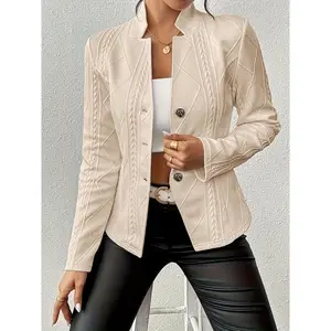 Textured Fabric Waist Button Thin Blazer Jacket