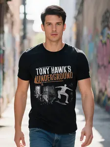 Men Tony Hawk s Underground Graphic T Shirt Cotton Vintage Design Tee Black Casual Streetwear with Orange