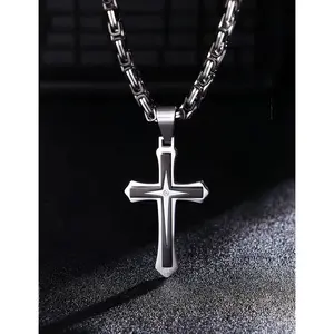 FUNRUN Black 14K Gold Plated Cross Necklace for Men | Stainless Steel Byzantine Chain 24IN | CZ Cross Pendant