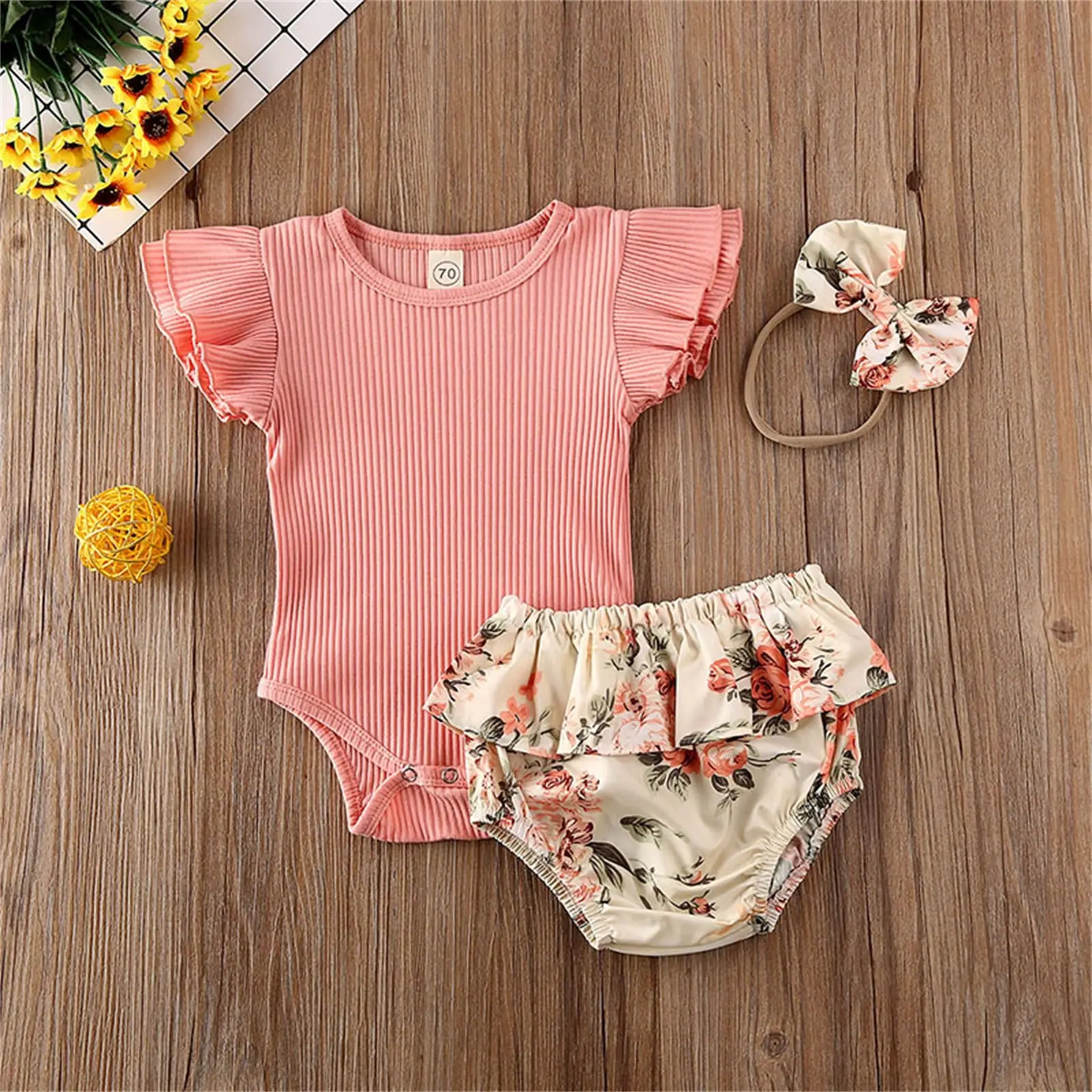 Newborn Infant Baby Girls Summer Outfit Sets Newborn Ruffle Romper Top Bloomer Floral Shorts Headband Clothes Set