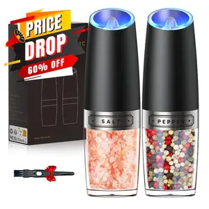 King Estore Set of 2 Gravity Electric Salt and Pepper Grinder Set Automatic Shakers Mill Grinder with LED Light, BATTERY POWERED Adjustable Coarseness One Hand Operation, Upgraded Larger Capacity