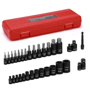 32-Piece Torx Bit Socket and Female External Socket Set, 14 Star Bits (T8- T70) and 13 Female E-Torx Sockets (E4-E24), Include 5 Impact Socket Adapter