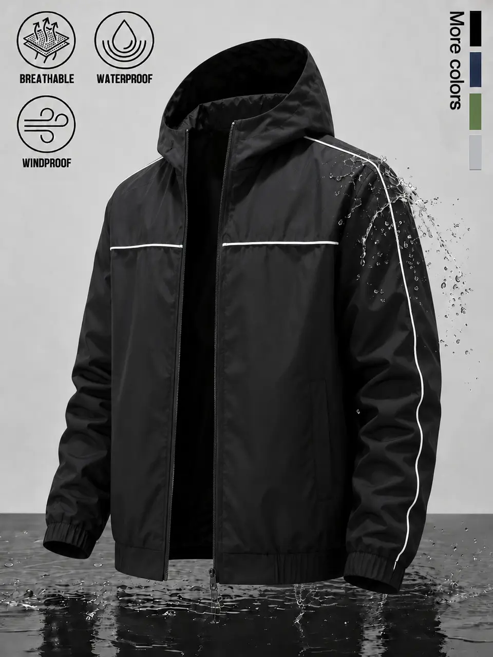 Men Zip‑Up Hooded Windbreaker, Waterproof Windproof Breathable Fabric, Contrast Line Accent, Elastic Cuffs, Lightweight Outer Jacket for Jogging, Workout and Outdoor Commute